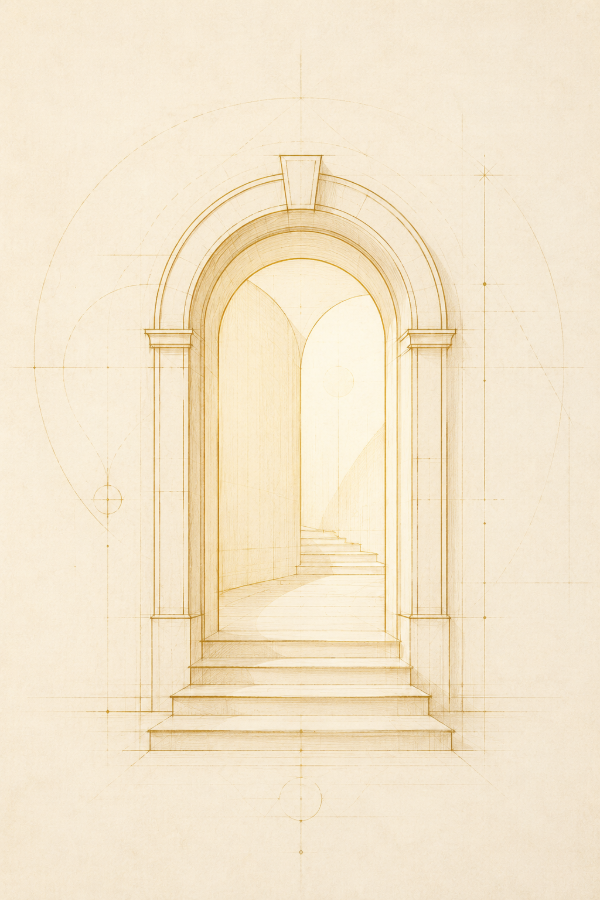 Architectural sketch of an arched doorway with steps